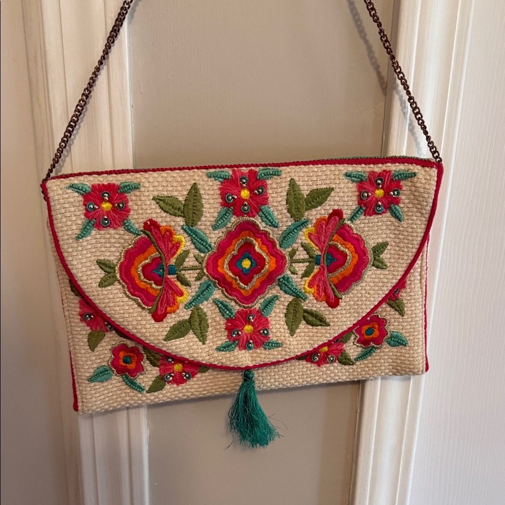 Floral Embroidered Clutch with Tassel